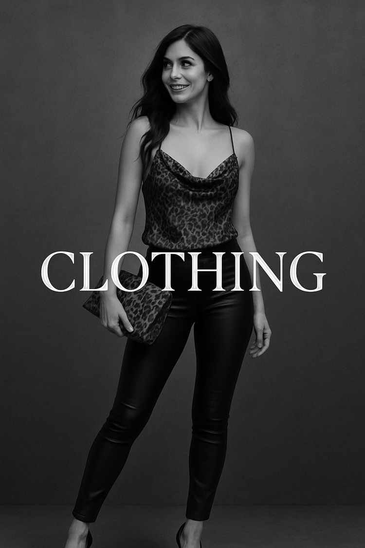 Stylish woman in black leather pants and camisole, posing in front of a gray wall with “CLOTHING” in bold font.