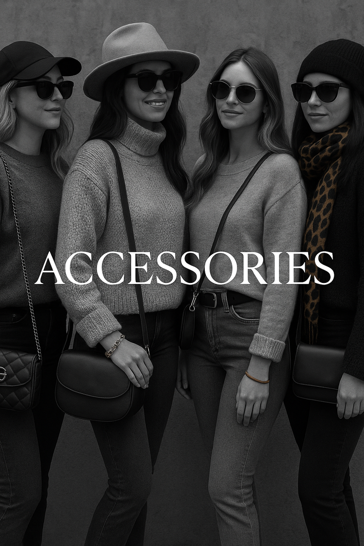 Four stylish women in sweaters, hats, sunglasses, and bags standing together on a moody branded background. “Accessories” is centered in bold white font.
