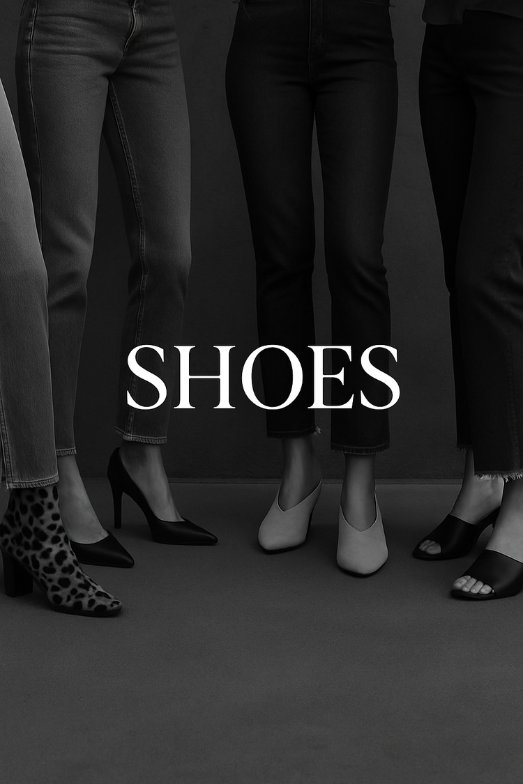 Grayscale photograph featuring four women standing in a circle, each wearing jeans and a different style of shoe—including boots, heels, and wedges—against a muted urban background. The word “SHOES” is centered in bold white font.