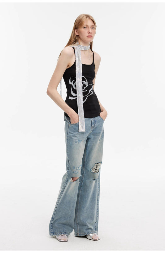 Distressed Wide-Leg Jeans - Retro Flared Streetwear | The Pretty Spot