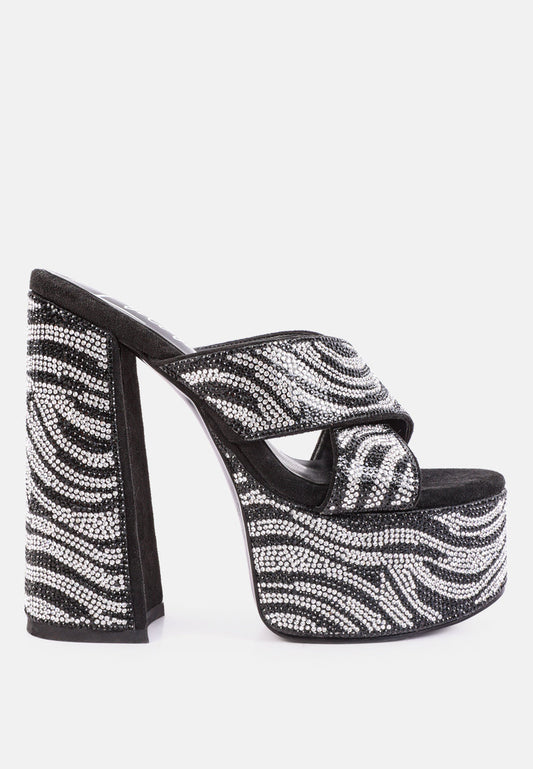 Black and silver platform sandal with block heel on a white background