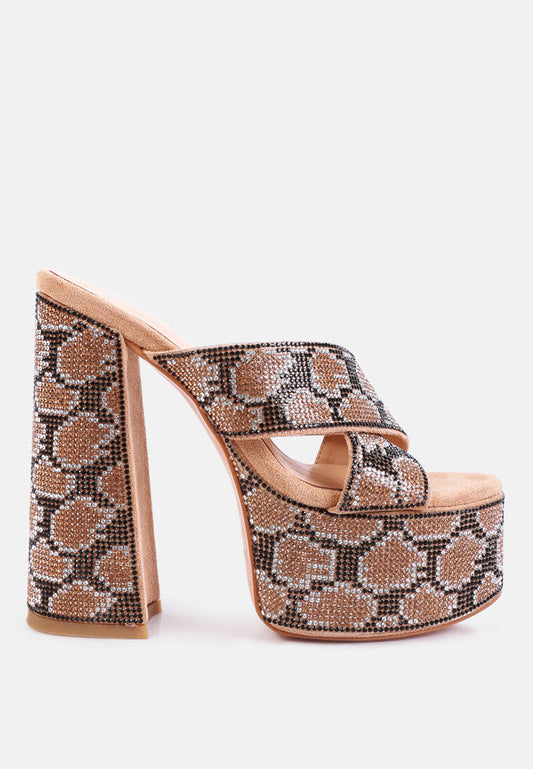 The Pretty Spot™ Sinful High Platform Diamante Slides – Patterned Party Heels | The Pretty Spot