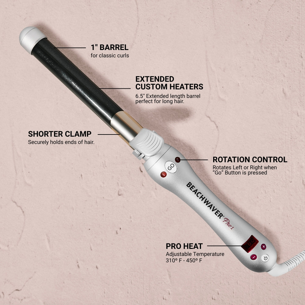 Hair curling iron with labeled features on a beige background
