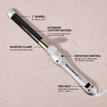 Hair curling iron with labeled features on a beige background
