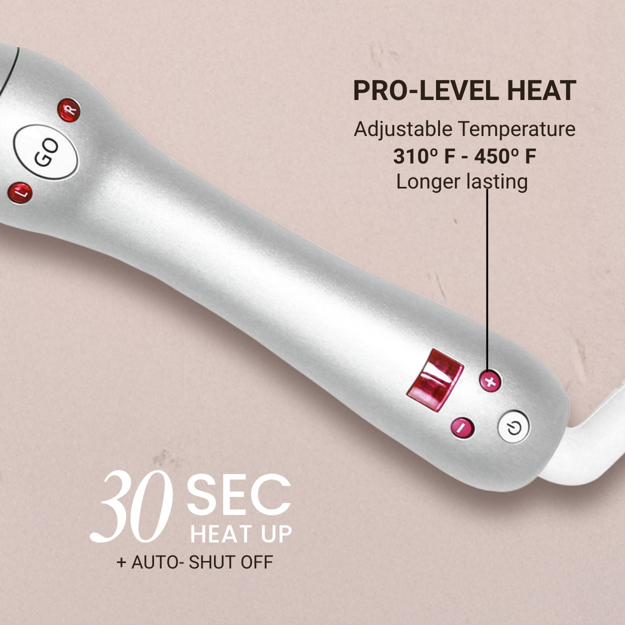 Silver handheld device with temperature control features on a beige background