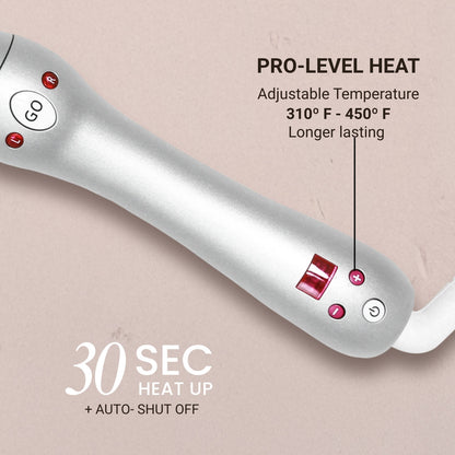 Silver handheld device with temperature control features on a beige background