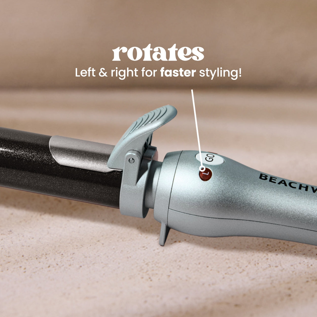 Hair styling tool with text indicating rotation for faster styling on a neutral background
