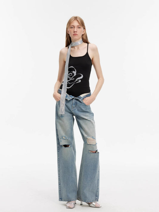 The Pretty Spot™ Distressed Wide-Leg Jeans - Retro Flared Streetwear | The Pretty Spot