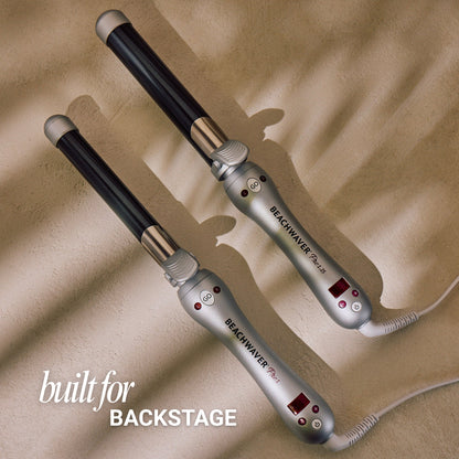 Two Beachwaver Pro curling irons on a beige background with 'built for BACKSTAGE' text.