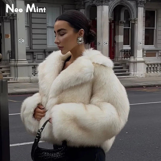 Woman wearing a white fur coat on a city street with 'Neo Mint' branding.