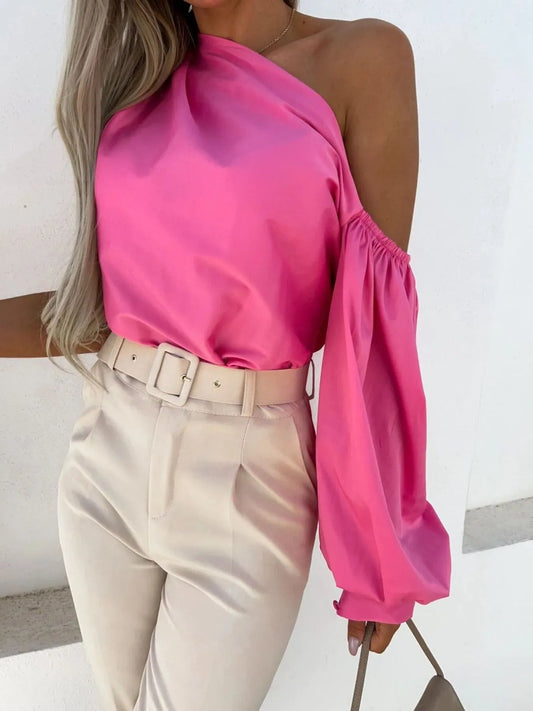 pink one shoulder puff sleeve blouse styled with beige pants and chain bag – The Pretty Spot™