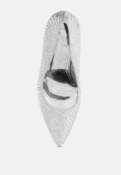 Silver pointed-toe shoe with mesh design on a white background