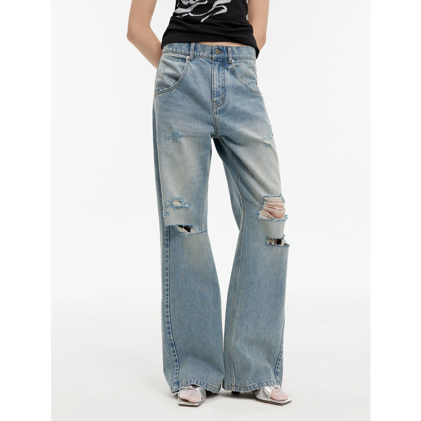 Distressed Wide-Leg Jeans - Retro Flared Streetwear | The Pretty Spot