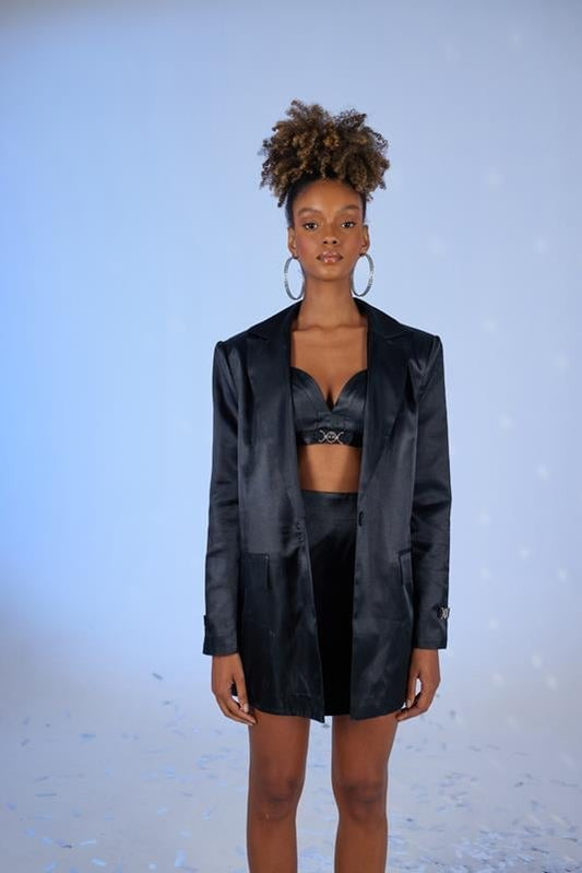 The Pretty Spot™ Fancy Black Satin Blazer – Luxe Oversized Fit | The Pretty Spot