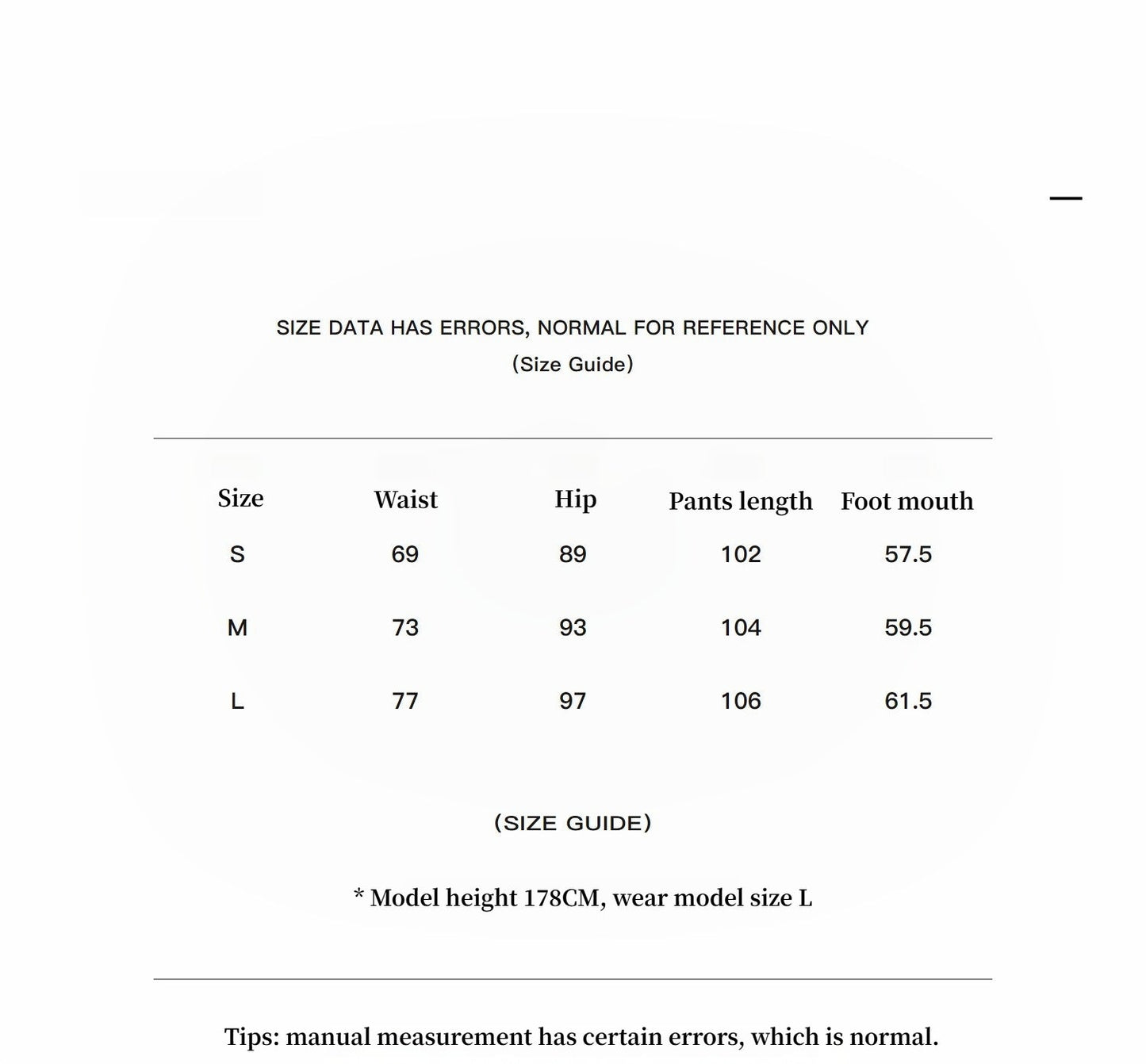 Size guide with measurements for waist, hip, pants length, and foot mouth in centimeters.