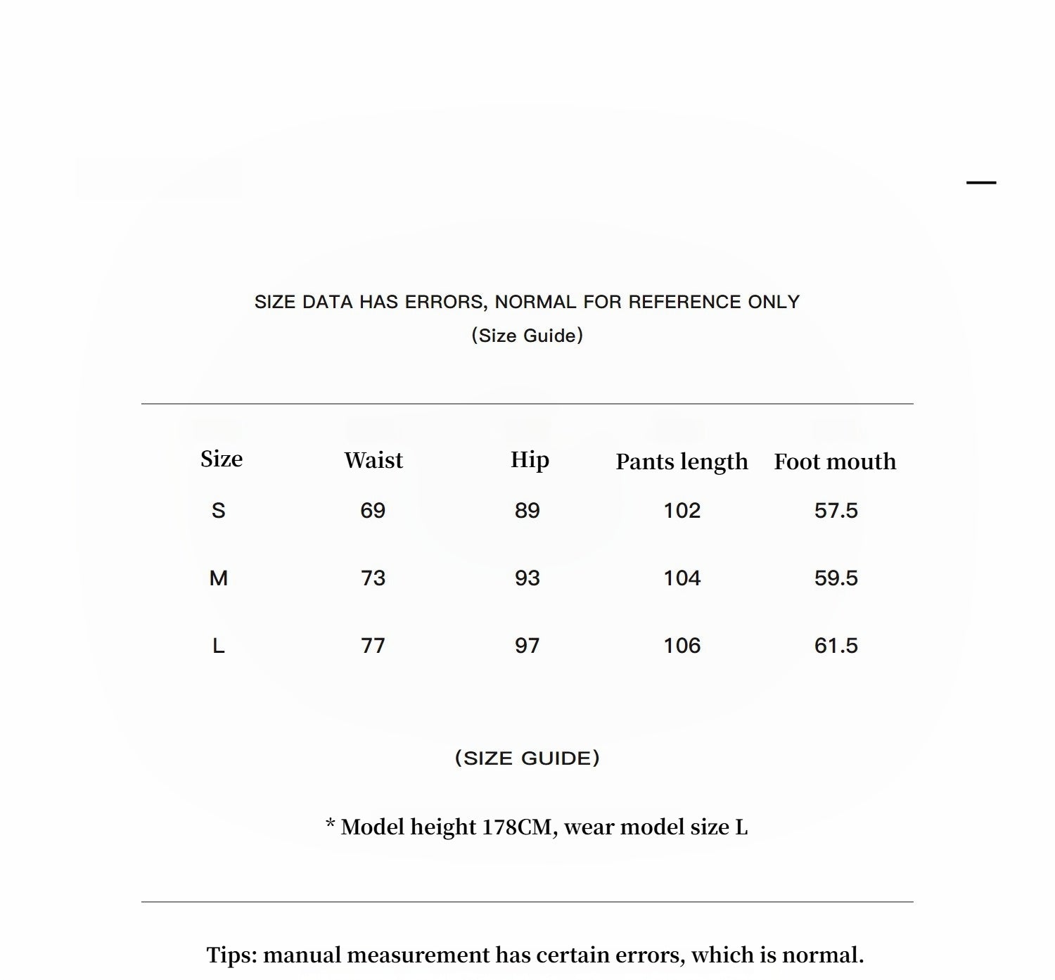 Size guide with measurements for waist, hip, pants length, and foot mouth in centimeters.