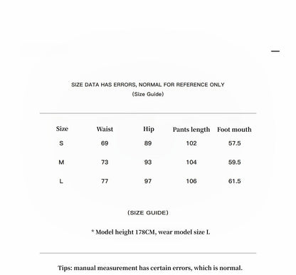 Size guide with measurements for waist, hip, pants length, and foot mouth in centimeters.
