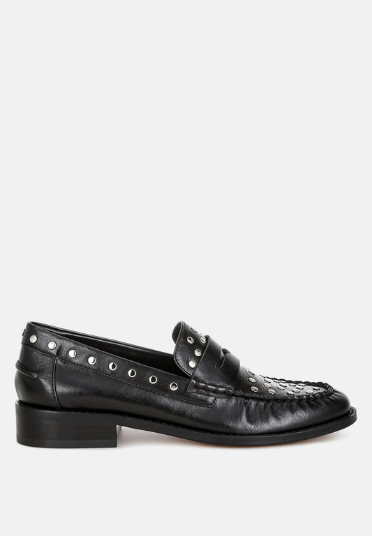 The Pretty Spot™ Women’s Studded Leather Loafers - Black Slip‑On Shoes | The Pretty Spot